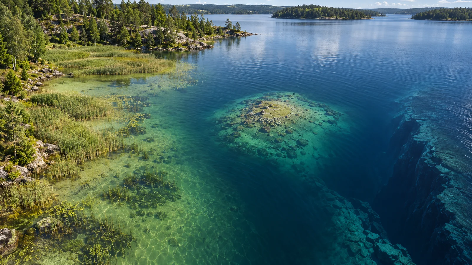 Grynnan ligger fristående ute i öppet vatten mellan en vassvik och en djup brant