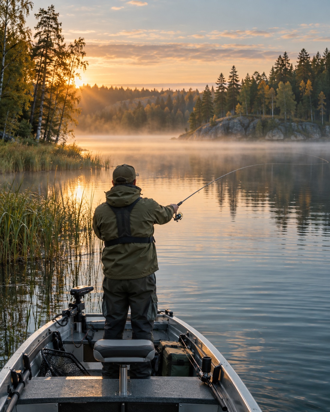 Illustration av en fiskare i båt på en stilla skogssjö i morgonljus