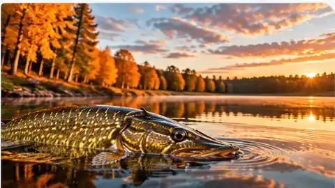 Höstfiske efter gädda i svensk sjömiljö med varmt kvällsljus och tydliga höstfärger.